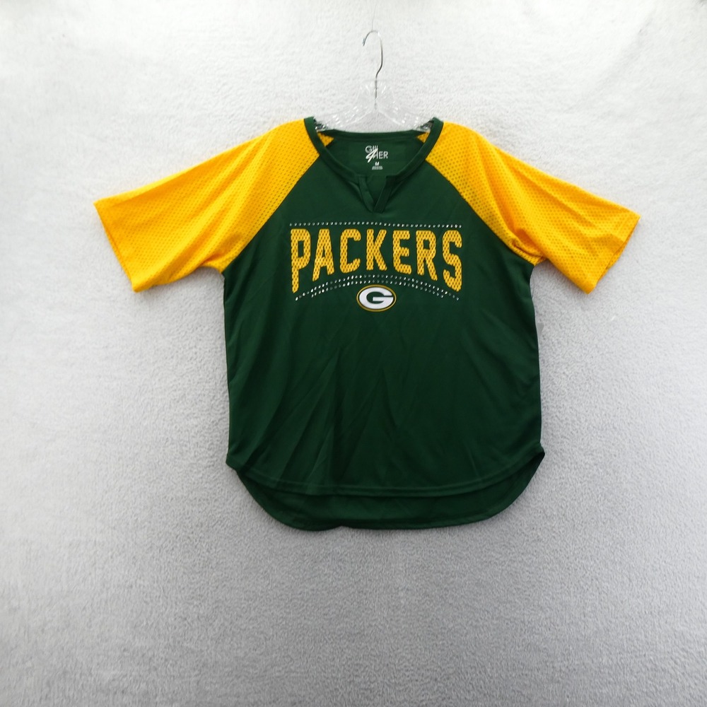 GIII Shirt Womens Medium Green Bay Packers Green Yellow Rhinestone Mesh‎ Sleeve
